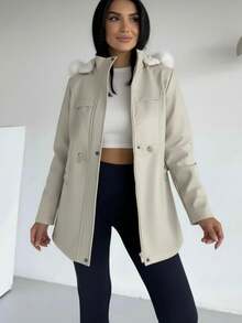 Women Hooded Pelus Lining Coat - Beige - View 4