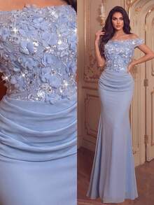 Women's Romantic Light Blue Chiffon Cold Shoulder Long Formal Mermaid Dress, Decorated With Exquisite 3D Floral Chest Embellishment And Lace-Up Back - Baby Blue - View 7