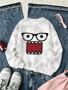1pc Round Neck Printed Eyes & Mouth Pattern Sweatshirt, New Autumn/Winter Comfortable Top - White - View 2