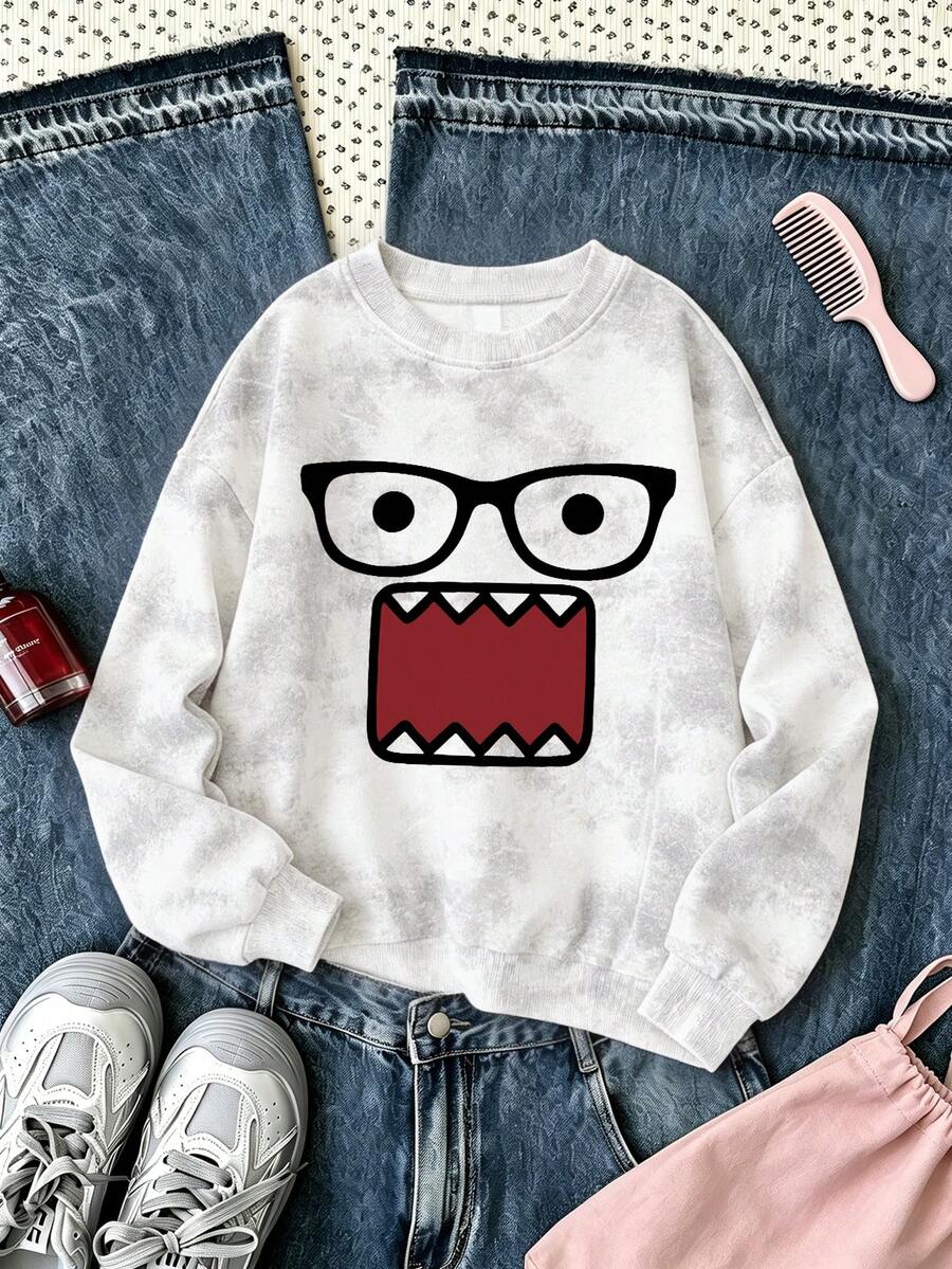 1pc Round Neck Printed Eyes & Mouth Pattern Sweatshirt, New Autumn/Winter Comfortable Top - White - View 1