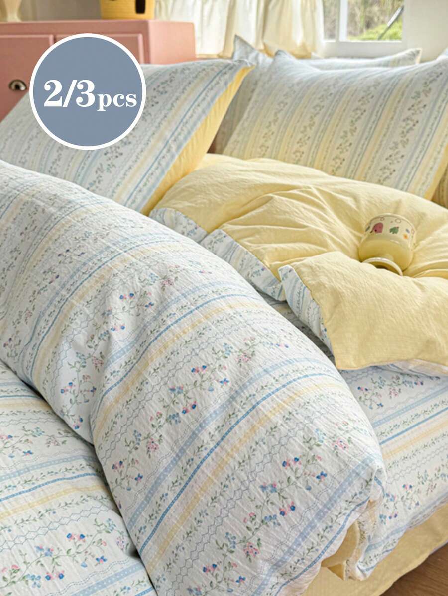 2/3pcs Light Blue & Light Yellow Color Block Pattern, Floral & Botanical, Pleated Texture, Super Soft, Dorm, Back To School Sweet & Cute Women, Washed Duvet Cover & Pillowcase Set, Spring/Summer, Double/Queen/King Size - Multicolor - View 1