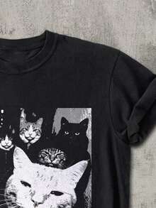 Plus Size Women's Funny Gangster Cat T-Shirt, Vintage Cat Lover, Summer Autumn, Suitable For Daily Wear - Black - View 4