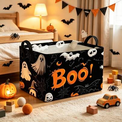 1pc Halloween Decorative Storage Basket, Boo Letter Pumpkin Ghost Black Cat Spider Bat Candy Corn Print Organizer Box, Multi-Functional Clothing & Miscellaneous Storage, Home Decor/Autumn Decor/Room Decor