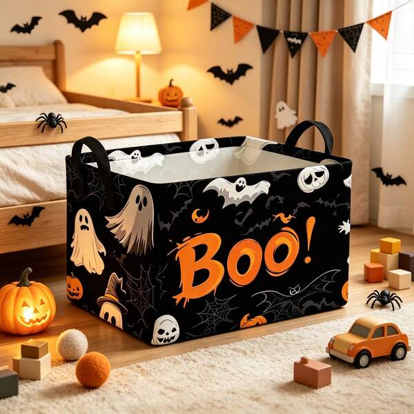 1PC Christmas/Halloween Storage Basket With 'Boo' Letters, Ghosts, Black Cats, Spiders, Bats, Candy, Santa Claus, And Gift Patterns, Multipurpose Storage For Clothes And Miscellaneous Items, Home Decoration / Fall Decoration / Room Decoration