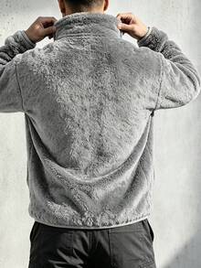 Men's Autumn/Winter Stand Collar Fleece Jacket, Thickened Thermal Lining, Solid Color, Versatile Zipper Closure, Casual Outdoor & Home Wear - Grey - View 2