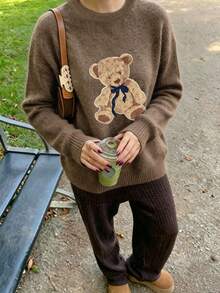 Plus Size Women's Cute Bow Teddy Bear Print Loose Long Sleeve Pullover Sweater - Earth Gray - View 4