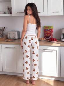 Solid Color Camisole Top And Textured Jacquard Bear Print Long Pants Loungewear Pajama Set - White - View 5