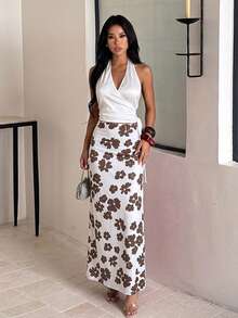 Autumn V-Neck Printed Patchwork Dress Women Elegant Dress Beach Party - Beige - View 5