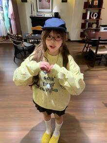 Polka Dot All-Over Print Puppy Crew Neck Sweatshirt Women Korean Style College Loose Versatile Chic Lazy Top - Yellow - View 3
