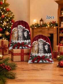2pcs Red & Green Snowflake Christmas Tree Print Gift Wrapping Bags, Nordic Style Fabric Rectangular Drawstring Gift Sacks With Knit-Look Pattern For Christmas Presents, Party Favors & Holiday Decor - Multicolor - View 16