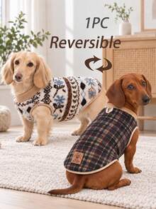 1PC Reversible Mini Dachshund Dog Coat , Fair Isle & Plaid Print Double Sided Sausage Dog Jacket, Slight Stretch Soft Warm Winter Wiener Dog Clothes For Mini And Standard Dackel Teckel Dogs - Beige - View 2