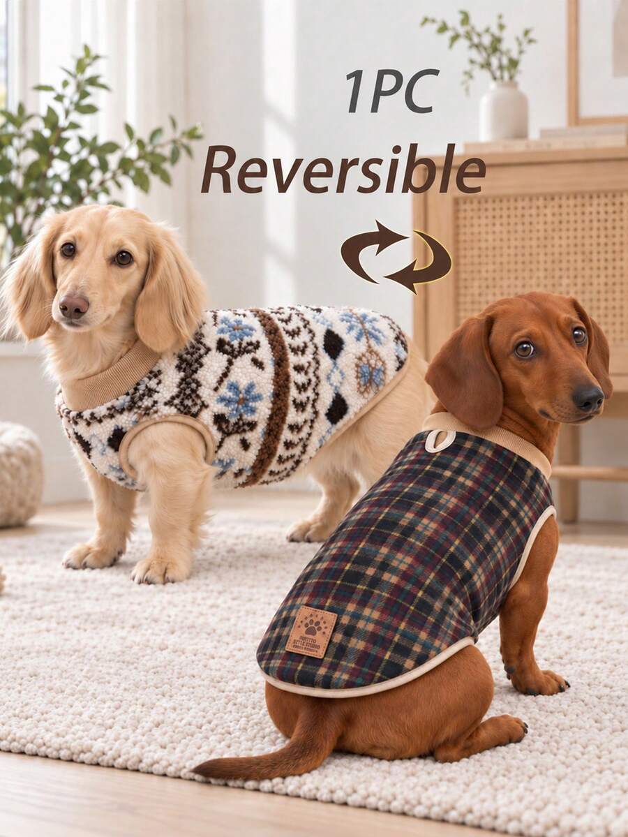 1PC Reversible Mini Dachshund Dog Coat , Fair Isle & Plaid Print Double Sided Sausage Dog Jacket, Slight Stretch Soft Warm Winter Wiener Dog Clothes For Mini And Standard Dackel Teckel Dogs