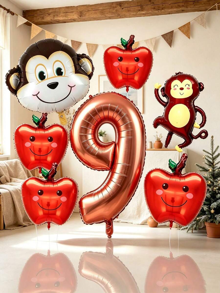 Monkey And Apple Number Balloon Set, Includes Chocolate Color Number Balloons, Monkey Balloons, Apple Balloons, Suitable For Forest Fruit Theme Birthday Party Decoration, Children-Friendly Animal Theme Party And Other Occasions - View 1