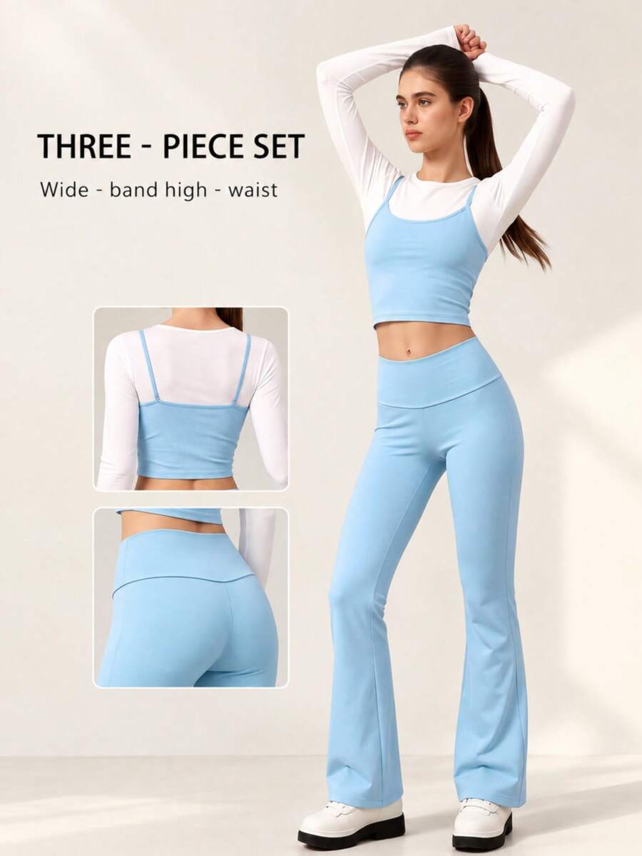 Setelan 3 Potong Atasan Pendek dengan Ikat Pinggang Lebar dan Celana Panjang Model Flare Pinggang Tinggi, Gaya Kasual Sporty, Cocok untuk Pilates, Kebugaran, Pakaian Sehari-hari, dan Busana Musim Gugur - Blue and White - View 1