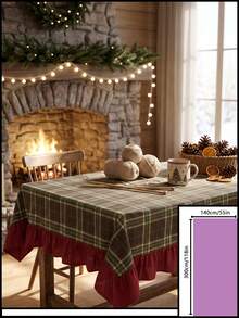 1pc Green Brown Red Classic Large Plaid Tablecloth Traditional Country Style Rectangular Burgundy Ruffle Edge Pleated Detail Stain-Resistant Protective Tablecloth For Home Long Table Suitable For Christmas Family Gathering And Winter Holiday Dining Room Decor - Green - View 14