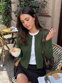 Women's Korean Style Minimalist Preppy Solid Color Round Neck Ribbed Front Button Casual Versatile Long Sleeve Cardigan - Dark Green - View 1