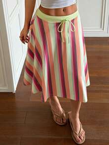 American Vintage Y2K Colorful Contrast Vertical Striped Mid-Length A-Line Skirt For Women, Low Waist Drawstring Elastic Waist Casual Draped Umbrella Skirt For Vacation - Multicolor - View 3