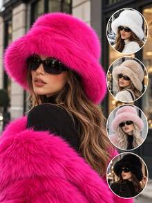 1 pieza Sombrero de cubo de mujer estilo Y2K esponjoso y grueso de piel, adecuado para días extremadamente fríos, actividades al aire libre en la nieve, uso diario, cálido en invierno - Rosa Fucsia - Ver 2