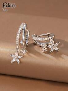 Hihho 2pcs/Set Elegant Atmosphere Gold & Silver Dual-Color Multi-Style Sunflower, Flower, Cross Pendant Rhinestone Hoop Earrings Set For Women, Daily Wear, Holiday Gift, Multi-Piercing Layering Accessory - Multicolor - View 10