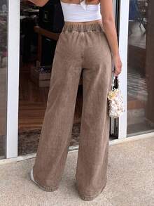Women's Plus Size Washed Denim Loose Long Jeans, Elastic Waist Design, Non-Stretch Vintage Casual Pants - Brown - View 3