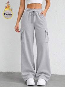 Women's High Waist Thermal Lined Cargo Sweatpants With Drawstring Elastic Waist And Side Pockets Wide Leg Casual Pants - Light Grey - View 9