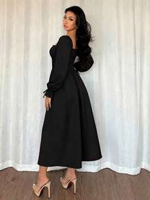 Women's Formal Square Neck Midi Dress, Long Pleated Ruffle Sleeves, Flared A-Line Non-Stretch Woven Fabric - Black - View 2
