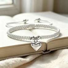 1Pc Multicolor Handmade Braided String Bracelet Silver Big Heart Pendant Rope Bangle For Women Couple Cute Casual Jewelry Gift - Large Silver Heart - View 7