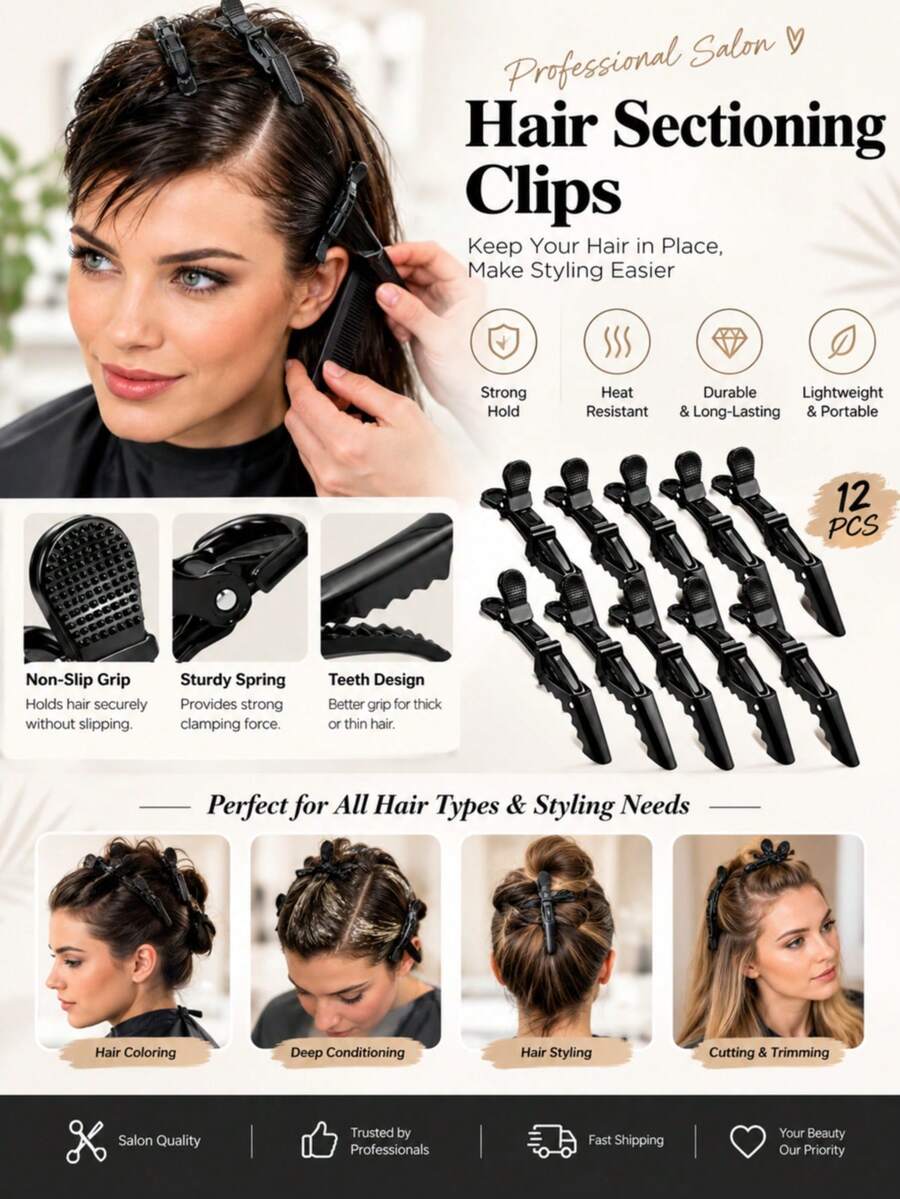 10/5pcs Crocodile Clips, Crocodile Clips, Plastic Sectioning Clips, Heat-Resistant Clips, Hair Clips, Hair Claws, Hair Styling And Cutting Tools [10/5pcs], For Professional Hair Design And Cutting - Black, Colorful - Multicolor - View 1