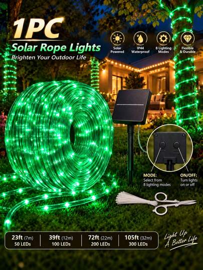 Luces de cuerda solares para jardín, 7m 50 LEDs / 12m 100 LEDs / 22m 200 LEDs / 32m 300 LEDs, tubo transparente flexible, 8 modos, 7 opciones de color