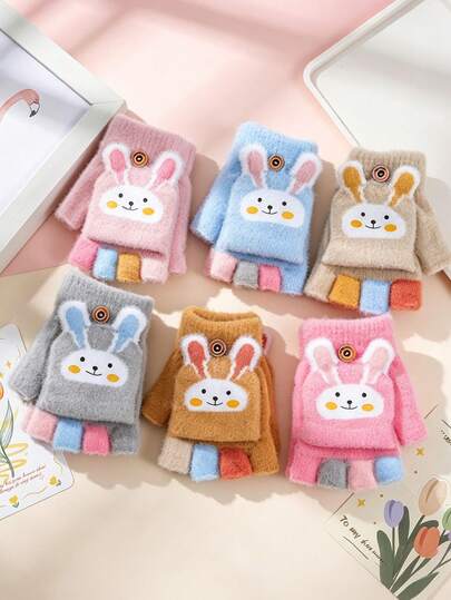 Winter Thickened Children's Cartoon Cute Half-Finger Flip Cover Gloves, Toddler Open-Finger Knitted Gloves