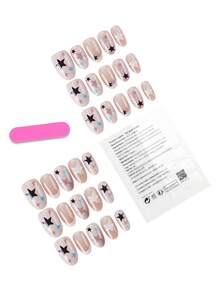 30pcs Short Oval Press-On Fake Nails, Autumn Star Print Nude Base Color, Practical Manicure Supplies, Includes Jelly Glue And Nail File, Reusable, Easy To Apply, Suitable For Autumn Daily Manicure - Multicolor - View 2
