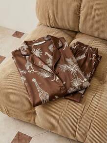Cirelle 2pcs Premium Jungle Animal Print Pajama Set, Long Sleeve Deep V-Neck Collar + Slightly Wide Leg Pants, Casual Home Wear 2 Pieces Set - Coffee Brown - View 3