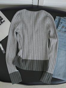 Autumn/Winter Korean Vintage Gray Colorblock Single-Breasted Long Sleeve Knit Cardigan, Casual Versatile For Daily Wear - Grey - View 6