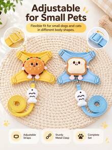Cute Hamburger & Toast Doll Cat Harness And Leash Set, Escape‑Proof Adjustable Soft Pet Vest Harness For Kitten Small Dog Outdoor Walking - Multicolor - View 8