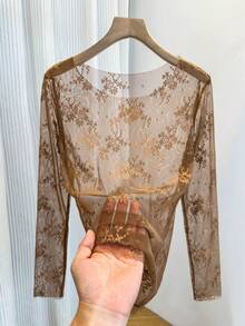 Women's Round Neck Floral Flocked Mesh Base Layer Top, Long Sleeve Sheer Fitted Lace Layering Inner Shirt - Coffee Brown - View 2
