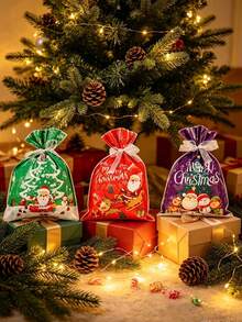 10pcs Christmas Gift Bags, Drawstring Closure Design, Convenient For Storing Candies And Small Gifts. Suitable For Christmas Eve Gift Packaging, Can Be Used For Christmas Party, Home Holiday Scene Decoration, Both Practical Gift Packaging Bags And Christmas Atmosphere Decoration. - Multicolor - View 1