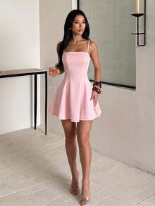 Autumn Solid Color Square Neck Patchwork Spaghetti Strap Dress Women's Elegant Dress - Pink - View 2