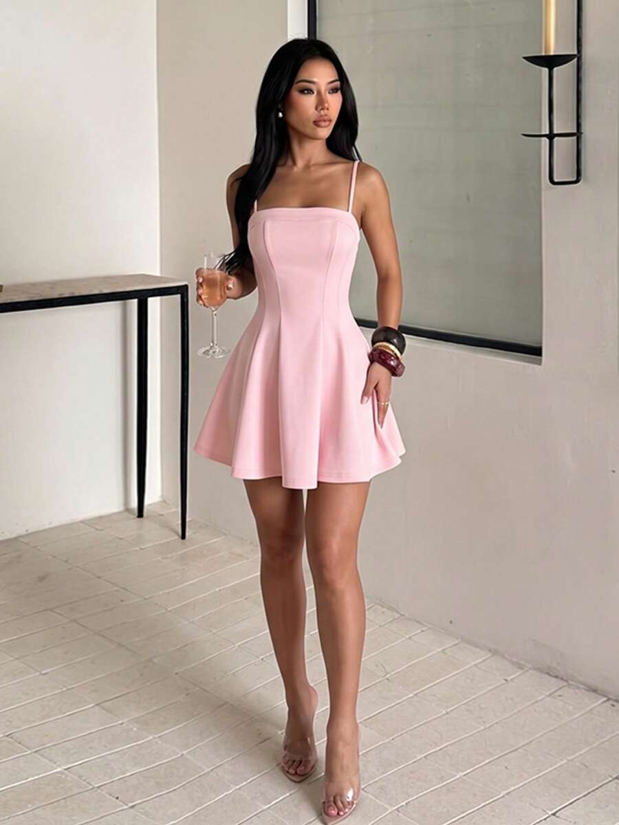 Autumn Solid Color Square Neck Patchwork Spaghetti Strap Dress Women's Elegant Dress