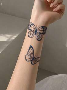 1pc Herbal Juice Semi-Permanent Magic Tattoo Sticker, Minimalist Fashion Butterfly Design, Long-Lasting 14 Days, Non-Fading, Non-Reflective, Temporary Tattoo Sticker For Arm, Shoulder, Neck, Collarbone, Leg And Body - Blue - View 6