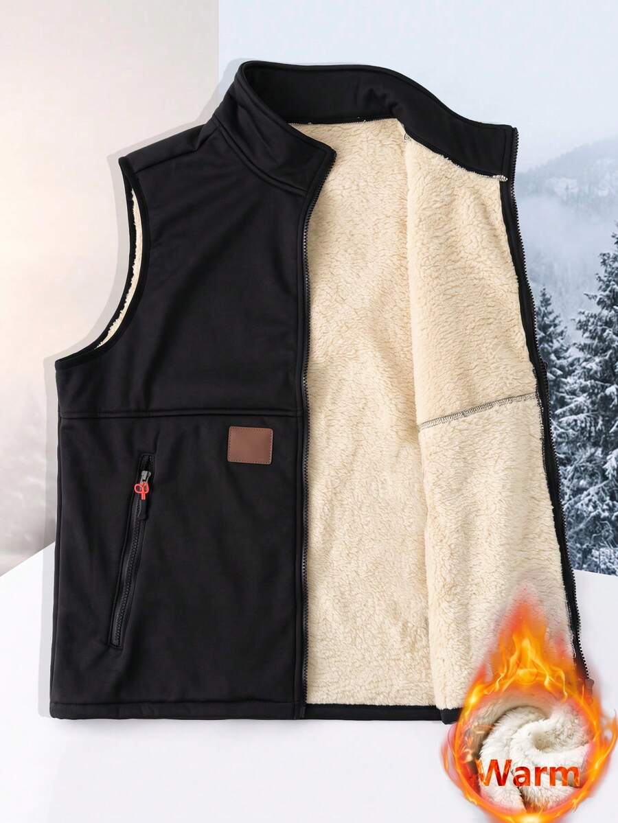 Men's Solid Color Stand Collar Thermal Lined Vest, Spring/Autumn/Winter Lambswool Lining Sleeveless Jacket, Casual Zipper Pocket Warm Vest - Black - View 1