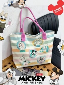 Miniso Disney Mickey & Friends 帆布托特包，馬卡龍色條紋印花，附手柄肩背包，適合日常使用 - 粉色 - 查看 4
