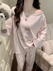 2pcs/Set Women's Spring/Autumn Pajamas Casual Cartoon Sweat-Absorbing Breathable Round Neck Long Sleeve Long Pants Cartoon Spring/Autumn/Winter Loungewear Fall Clothes For Women - Apricot - View 6