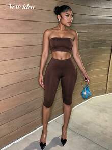 NEW IDEA Women Elegant Brown Fall Mesh 3-Piece Outfits, Cold Shoulder High Neck Sheer Top With Inner Liner & Capri Pants Set For Night Out, Party - Brown - View 6