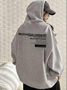 Women's Casual Loose Fit Letter Print Sweatshirt With Thermal Lined, Versatile For Autumn/Winter - Light Grey - View 2