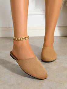 Women's Minimalist Backless Slouchy Design Square Toe Flat Mule Slippers, Suede Material, Camel Color, Casual Commute Style, Suitable For Daily Wear, Outings And Home - Camel - View 4