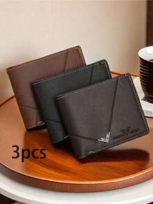 3pcs Men's PU Leather Short Wallet Set, Fashionable Soft Plaid Design, Large Capacity, Multiple Card Slots - Multicolor - View 6