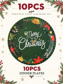 10/20pcs Christmas Disposable Paper Tableware Set, Includes 7-Inch And 9-Inch Plates, Cups, Napkins And Straws; Featuring Deep Green "Merry Christmas", Poinsettia And Bell Decorative Patterns, Suitable For Christmas Parties, Holiday Dinners, Winter Celebrations And Holiday Table Decor. - Multicolor 3 - View 14