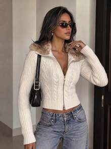 Women Cropped Zip‑Up Cardigan, Faux Fur Collar Cable Knit Long Sleeve Slim Fit Knit Jacket, Short Zip Front Sweater For Fall Winter Daily Wear- - Apricot - View 2