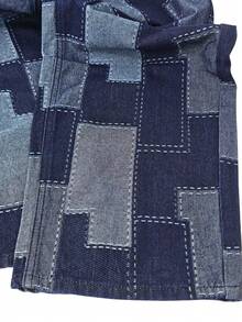 Celana Jeans Denim Pria LIYS Motif Kotak-kotak Geometris Jacquard Longgar Kaki Lebar Gaya Jalanan Vintage dengan Efek Usang - Biru - View 7