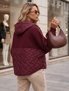 Women's Oversized Hooded Jacket, Quilted Panel, Zip Front, Adjustable Hood, Zip Pockets - Burgundy - View 2